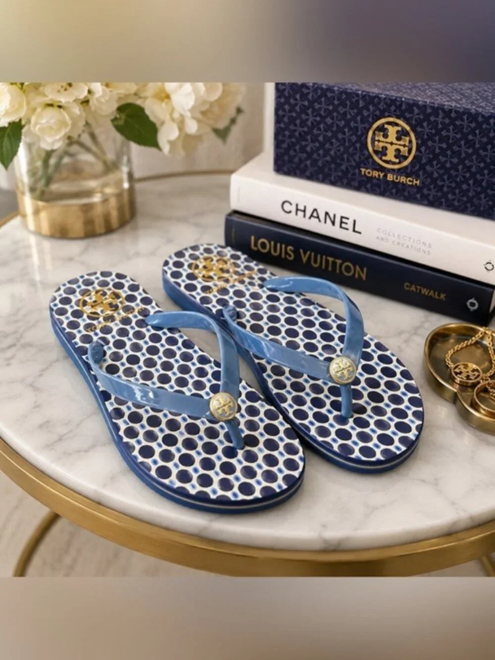 Tory Burch Blue Polka Dot Logo Flip Flops Thong Sandals Women’s Size 9